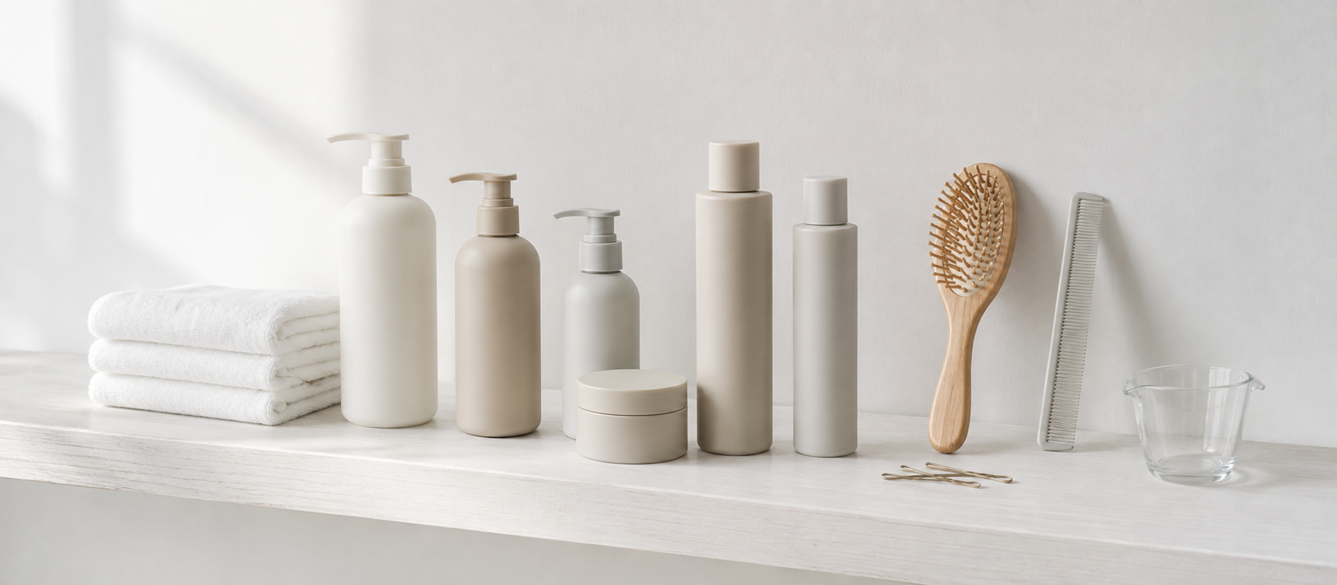 白い棚に並んだヘアケア製品とスタイリング道具