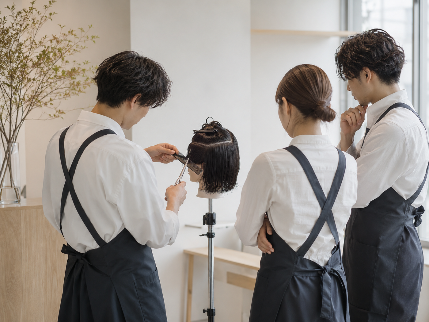 施術後にスタッフ同士で技術練習をしている様子