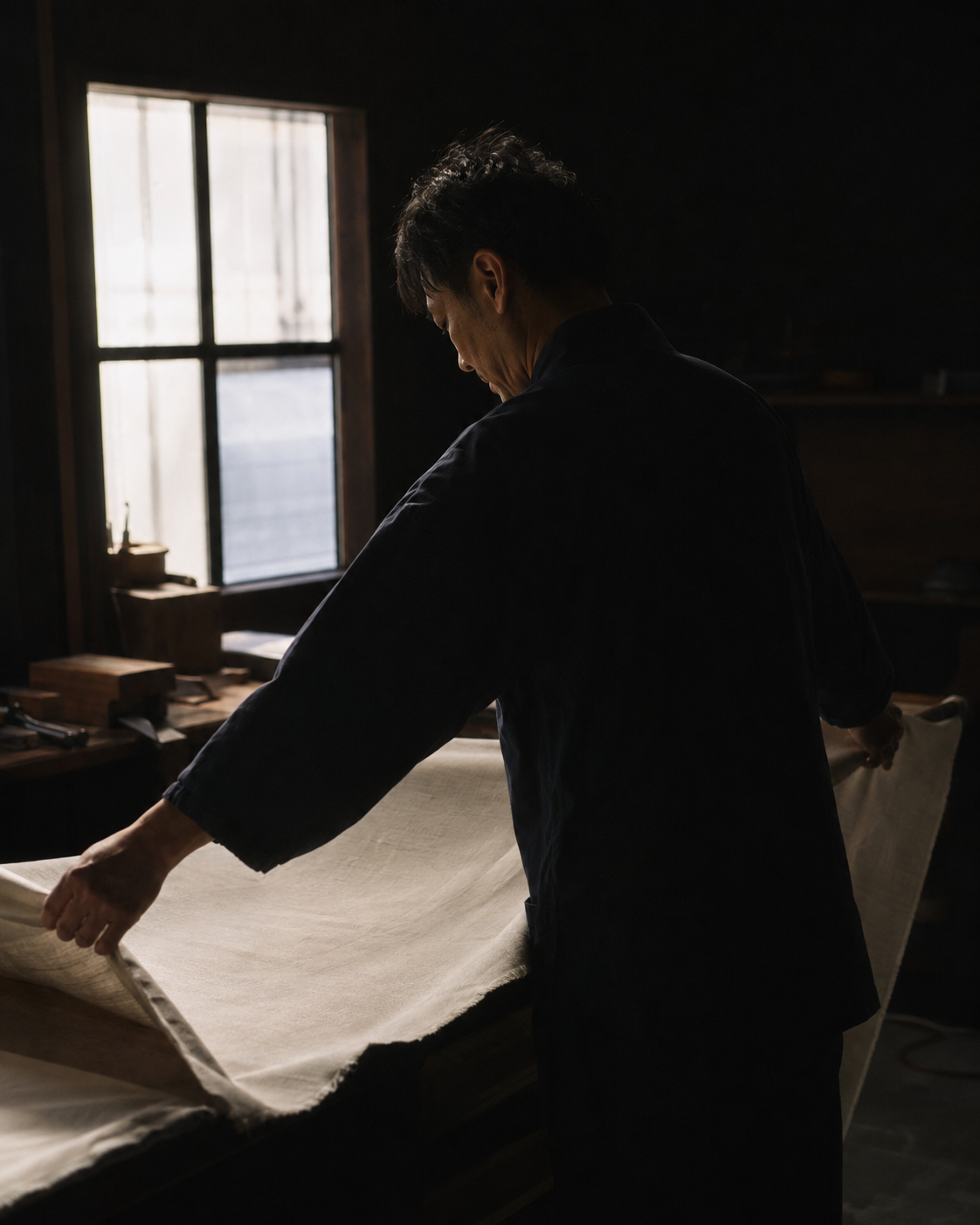 仕立て場で一人静かに作業する職人の後ろ姿