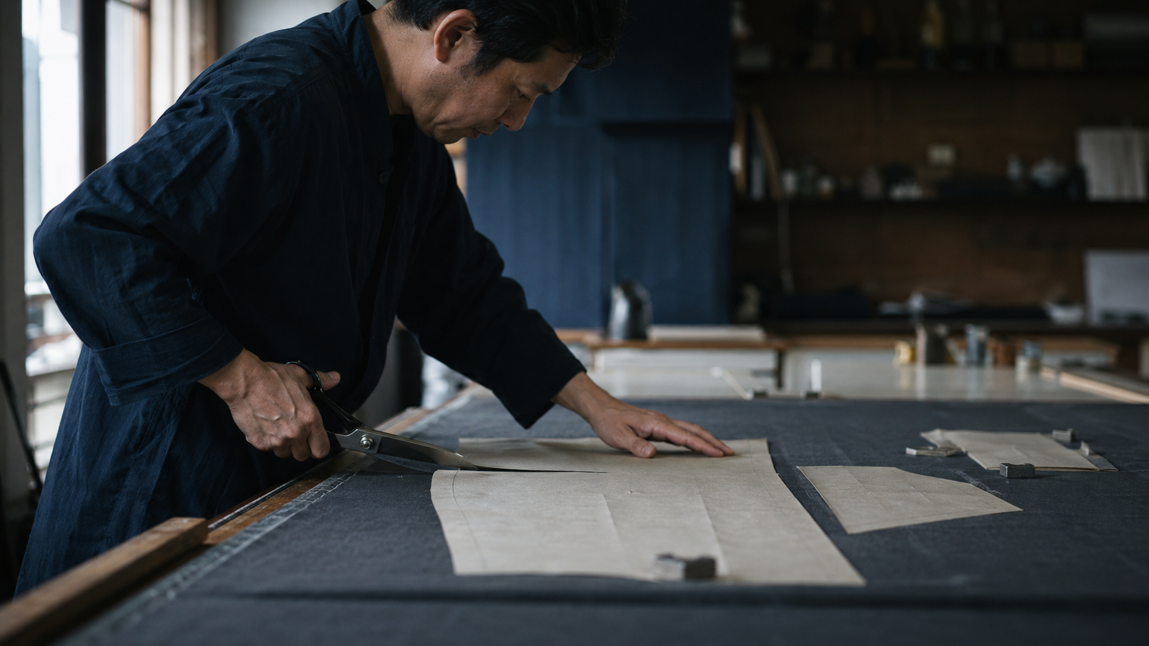 裁断台の上で生地を裁つ工程の様子
