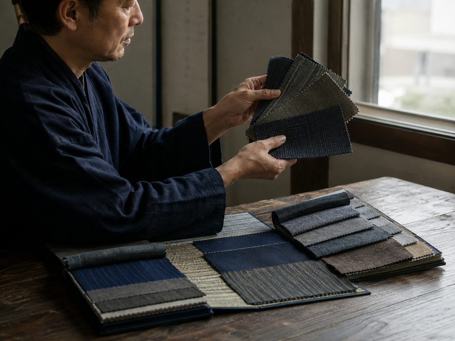 織元で生地の見本帳を確認する様子