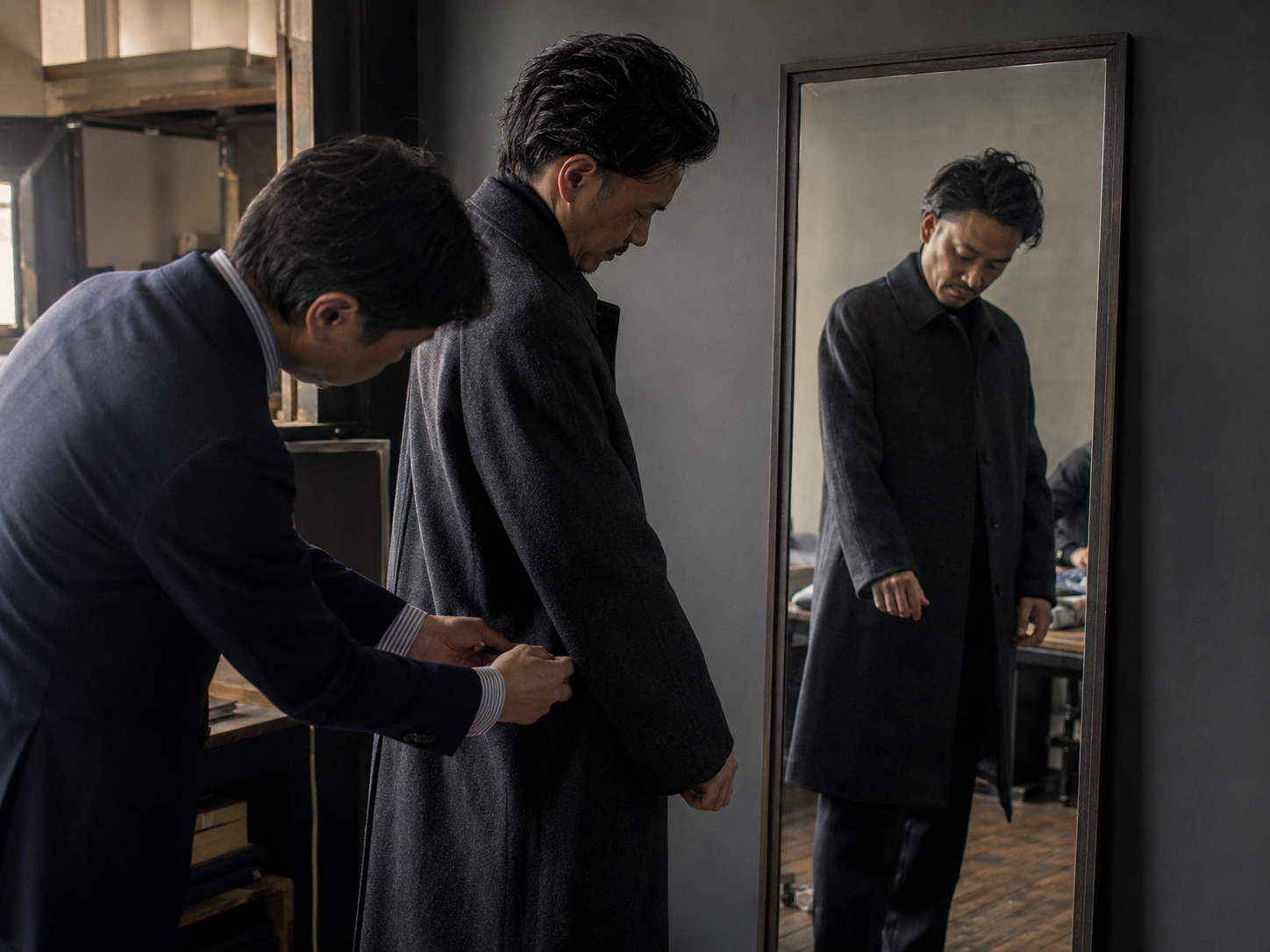 コートを羽織り鏡の前に立つ男性
