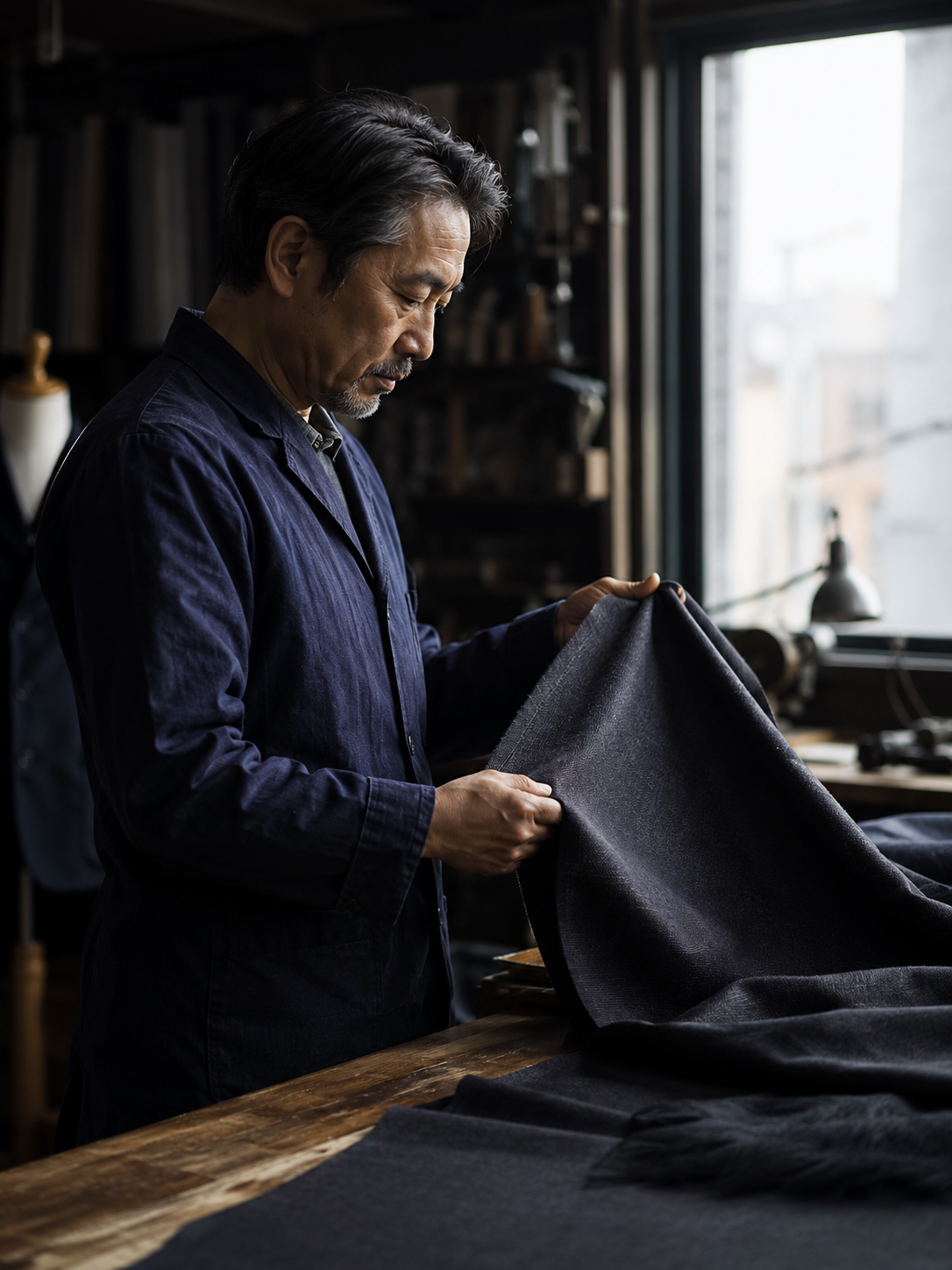 職人の谷口が作業台で生地を確かめる横顔