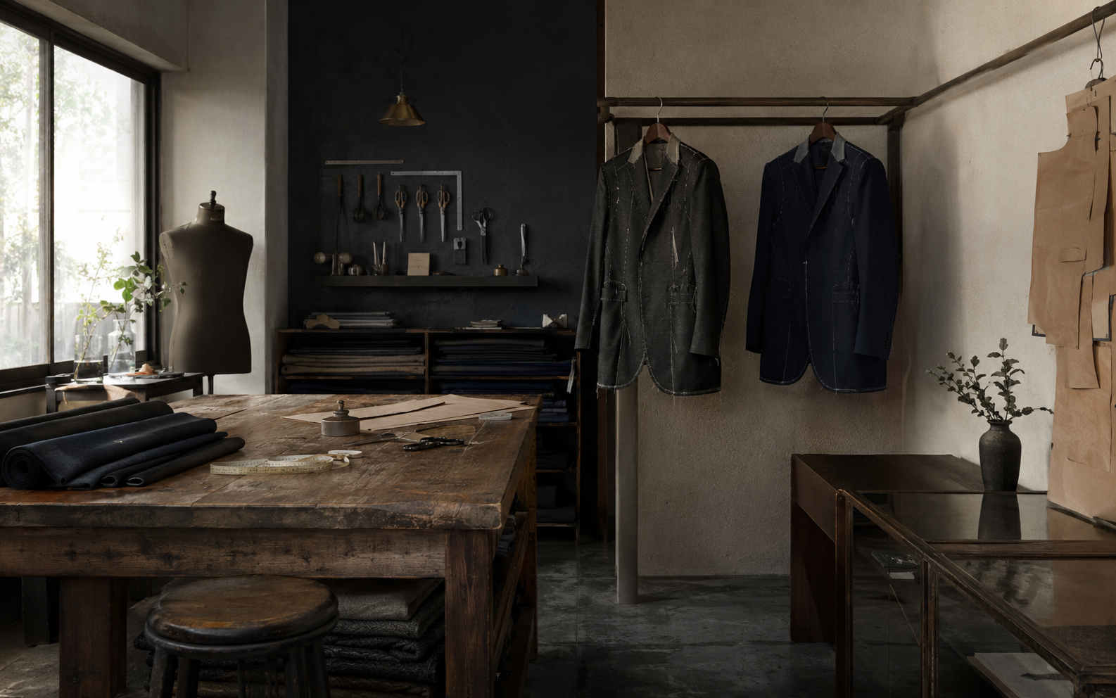 健軍の工房兼店舗の内観、木の作業台と吊るされたコート