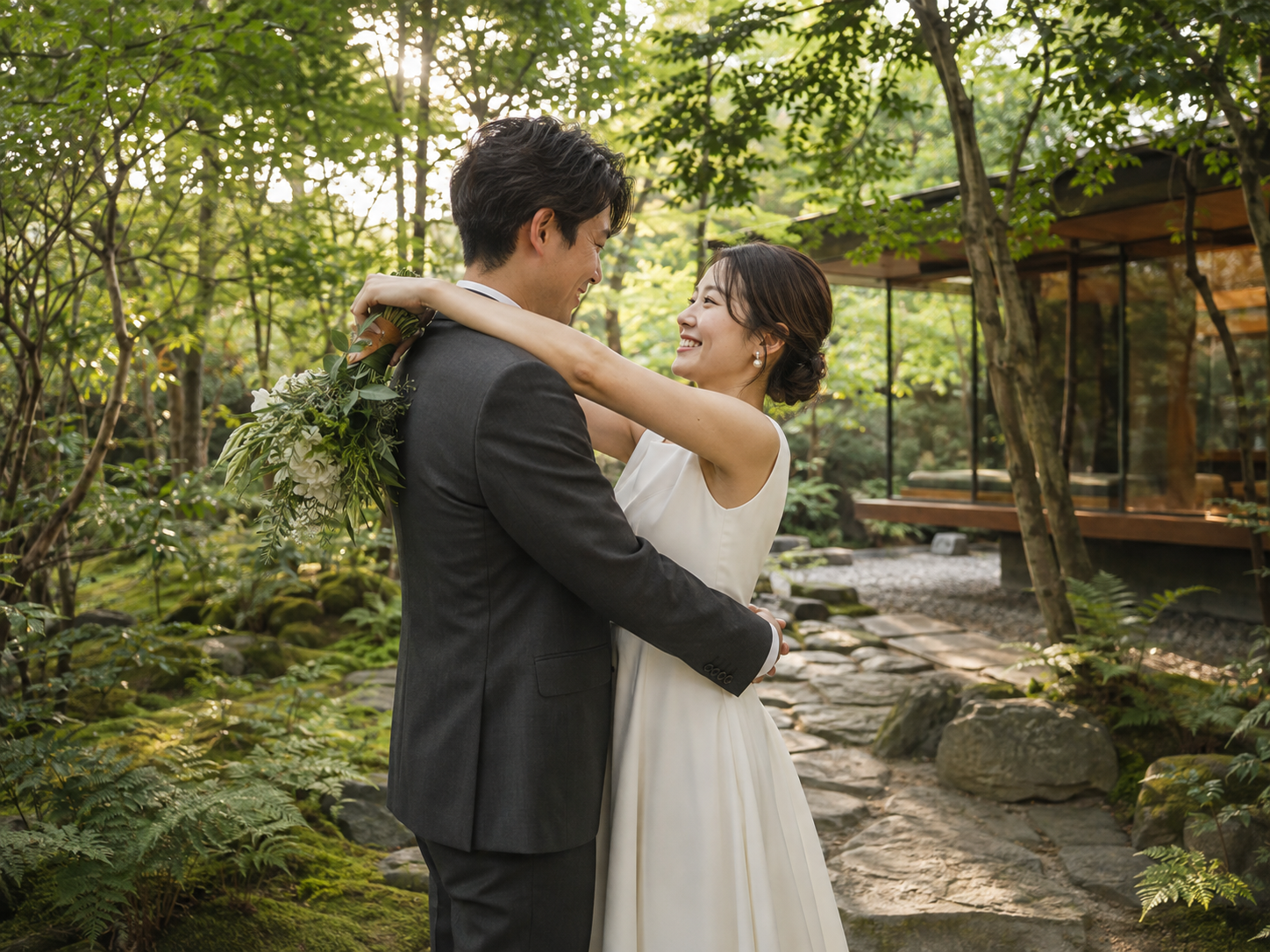 ガーデンで抱き合う新郎新婦