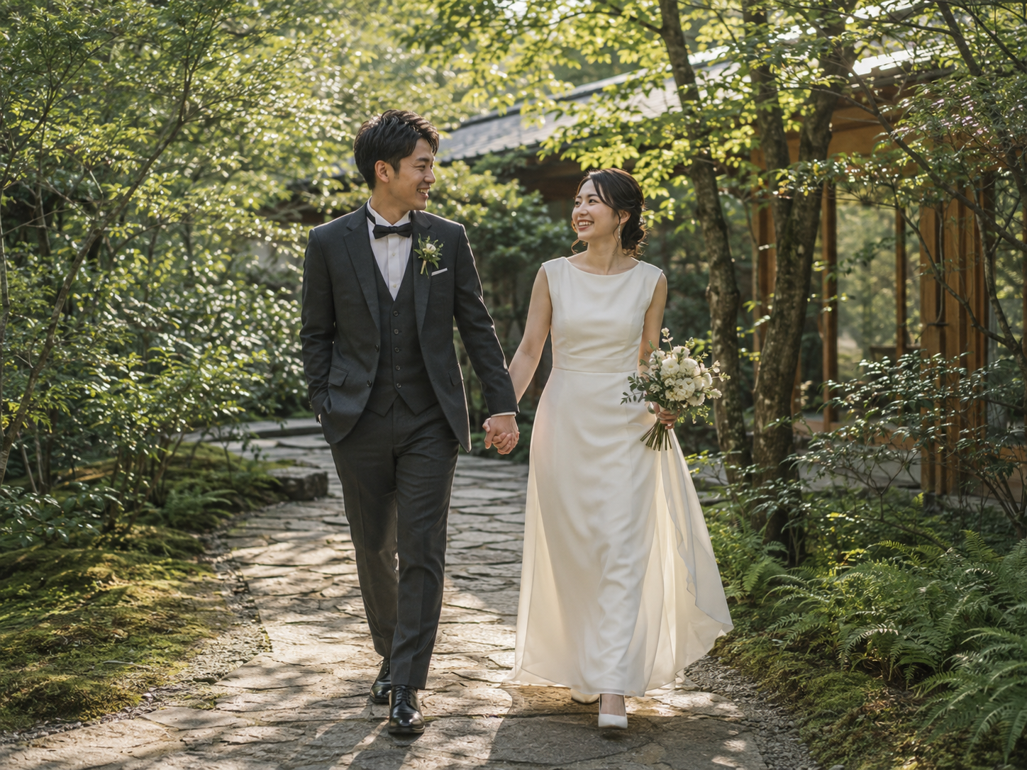 緑の小道を手をつないで歩く新郎新婦