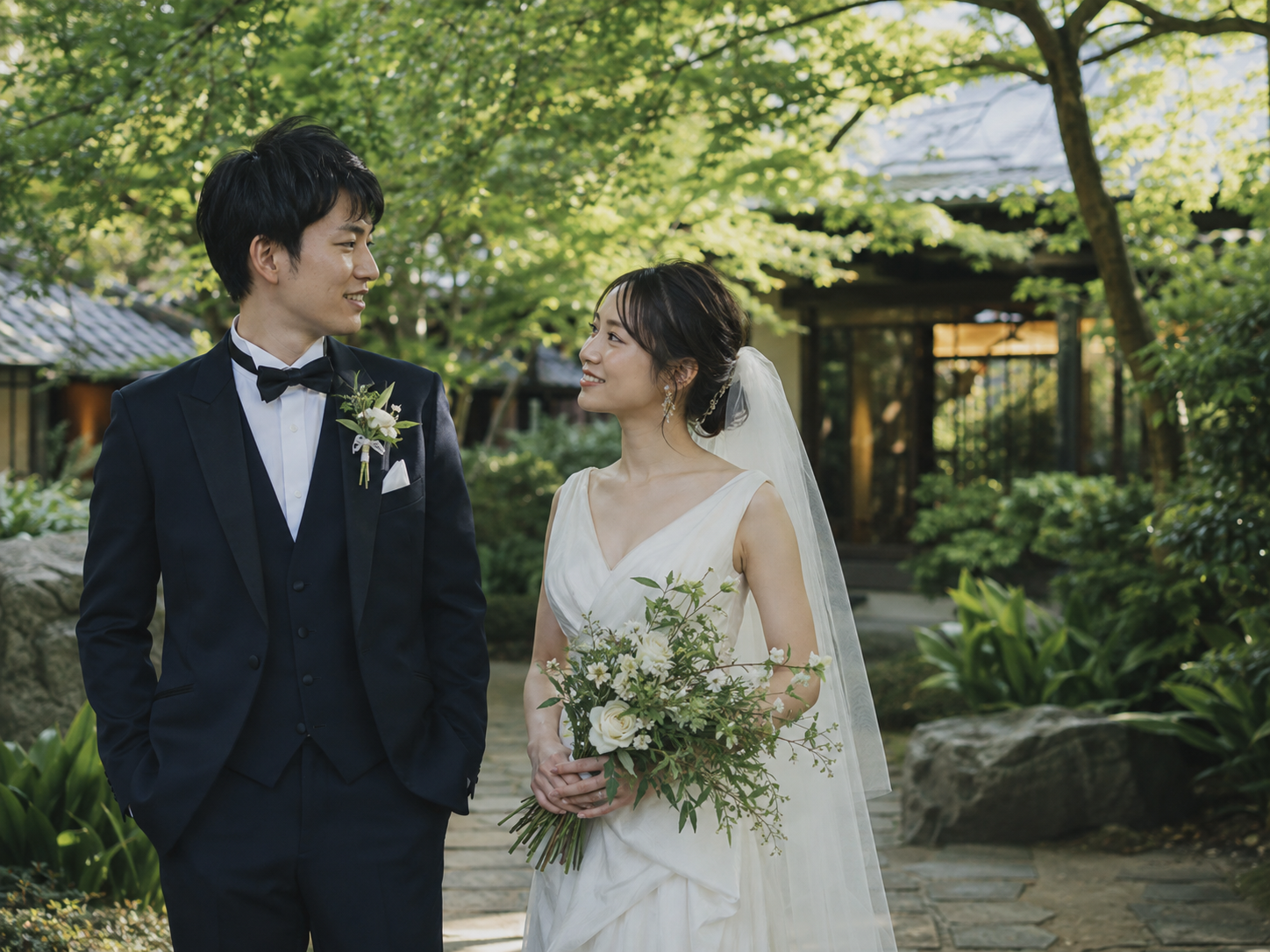 庭園で自然な表情を見せる新郎新婦