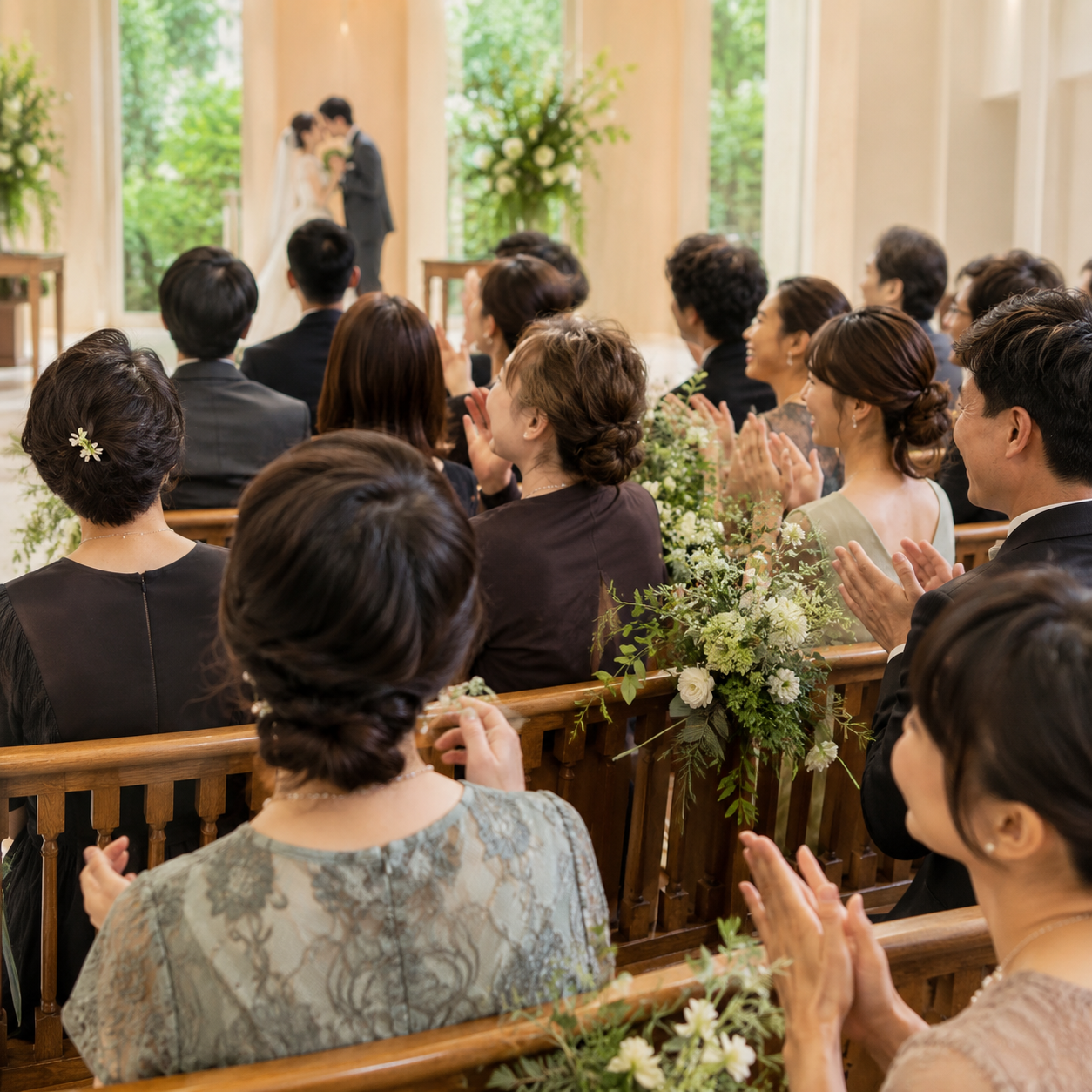 誓いのキスを見守るゲストの笑顔