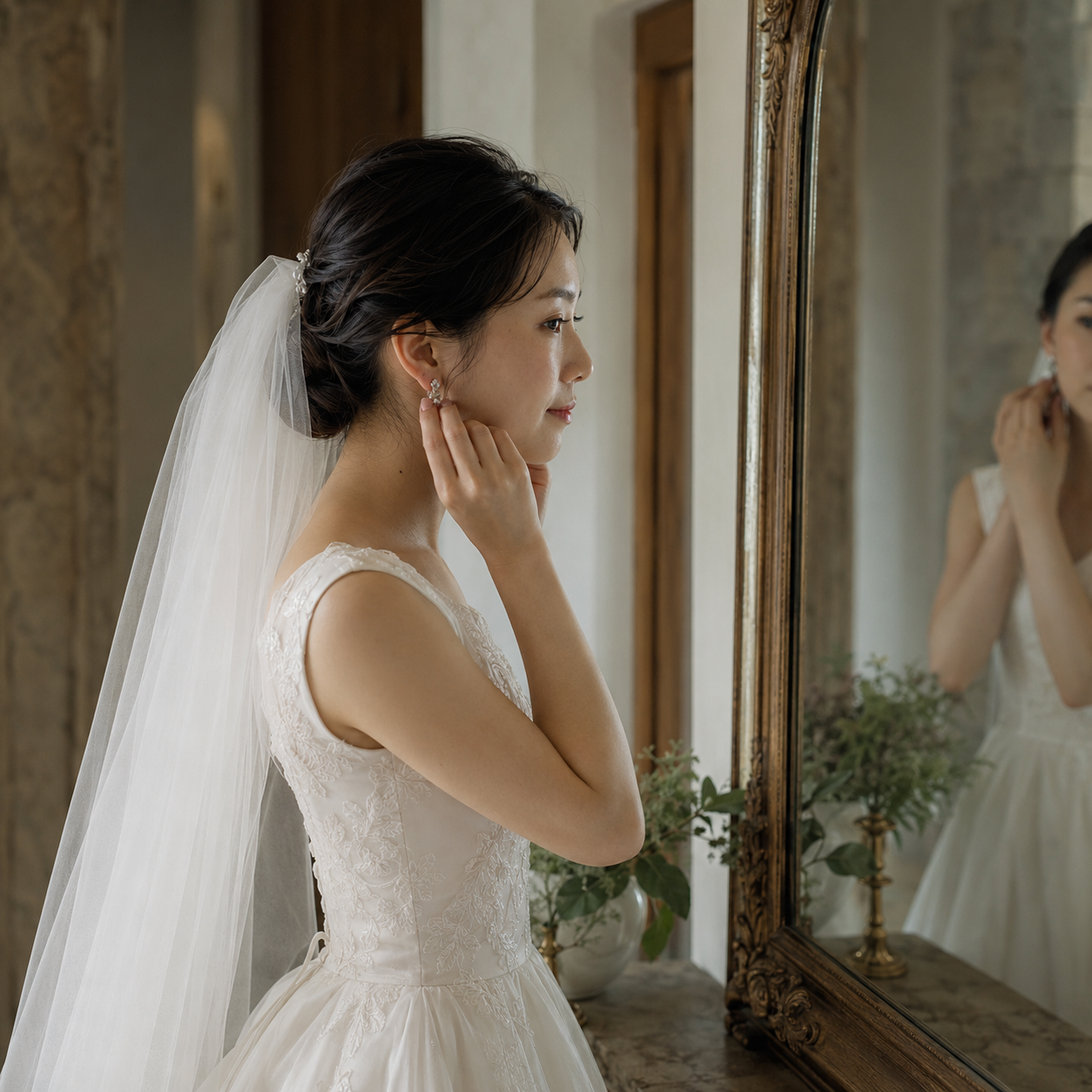 開式前、控室で支度を整える新婦