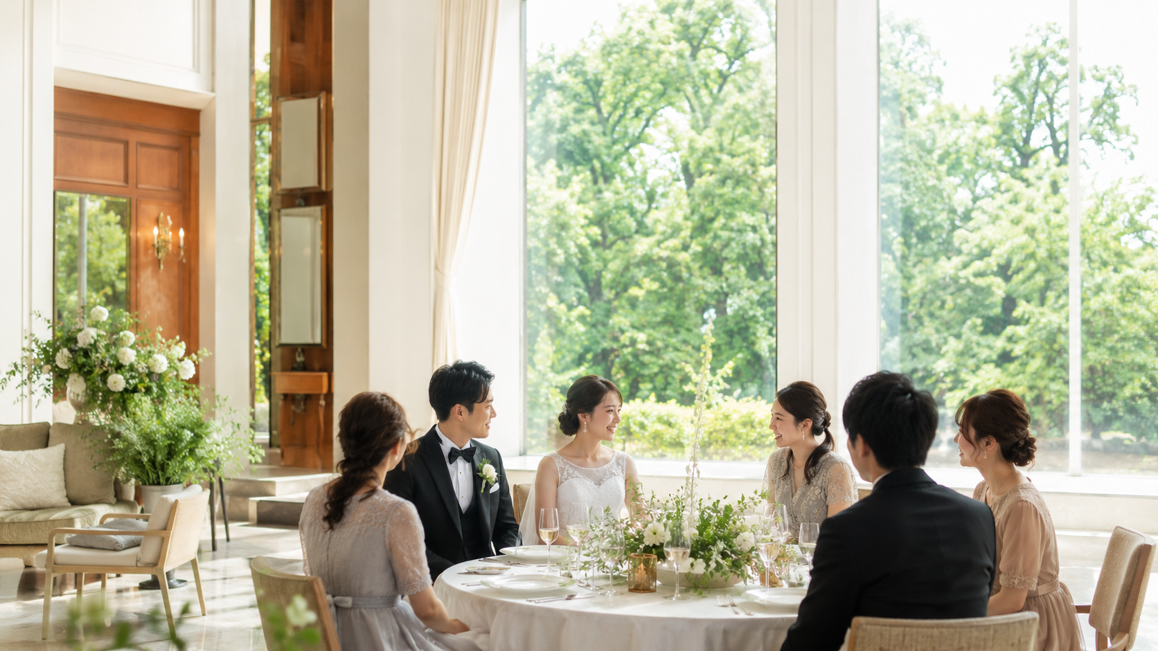 大きな窓から緑を望む披露宴会場でゲストと歓談する新郎新婦